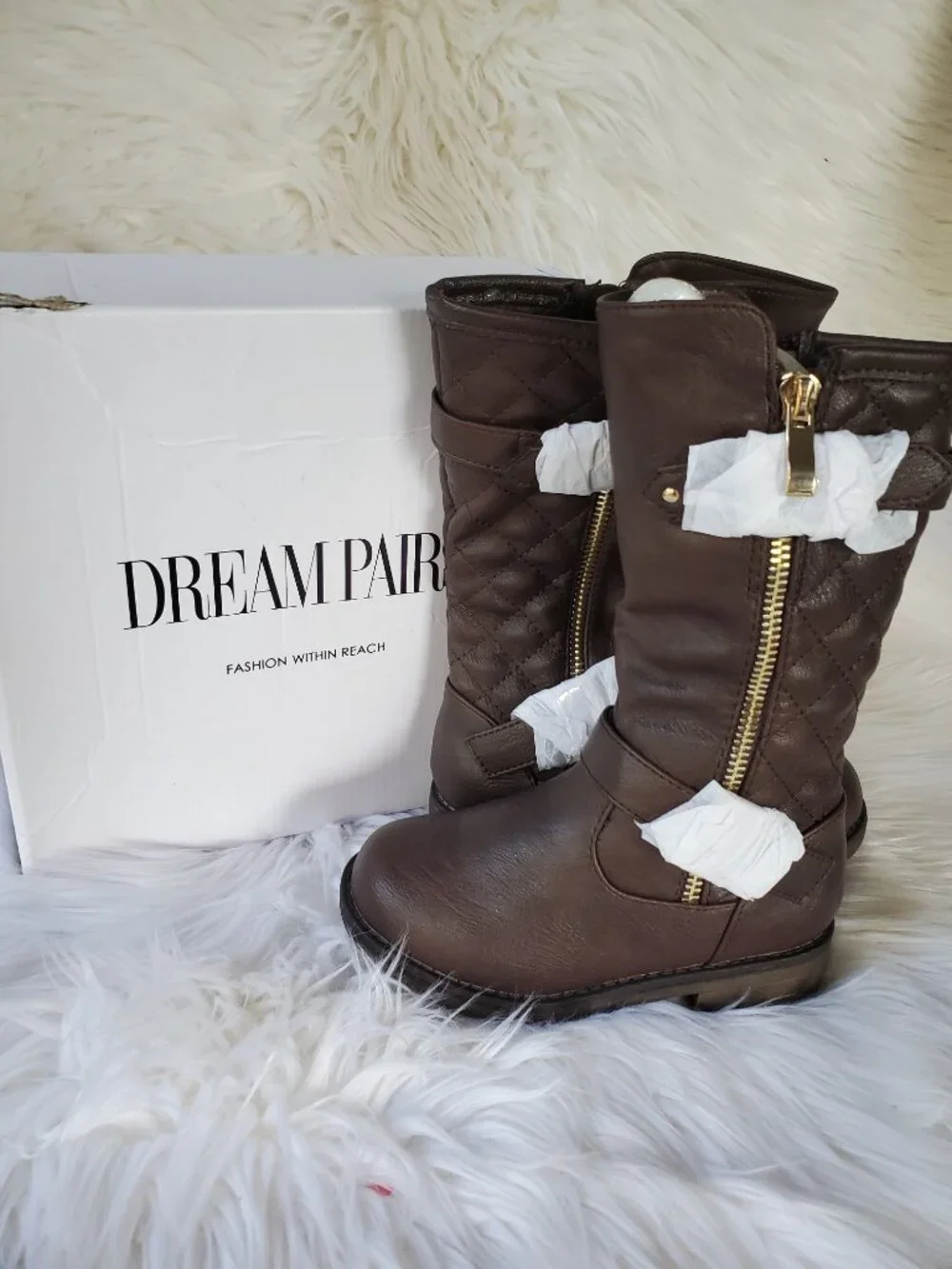 Dream Paris Brown Girl's Mid Calf Quilted Side Panel Buckle Straps Boots SZ 10